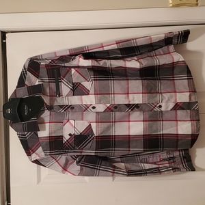 Casual Button Down Plaid Collared Long Sleeve Shirt Gray, Red and Black Medium